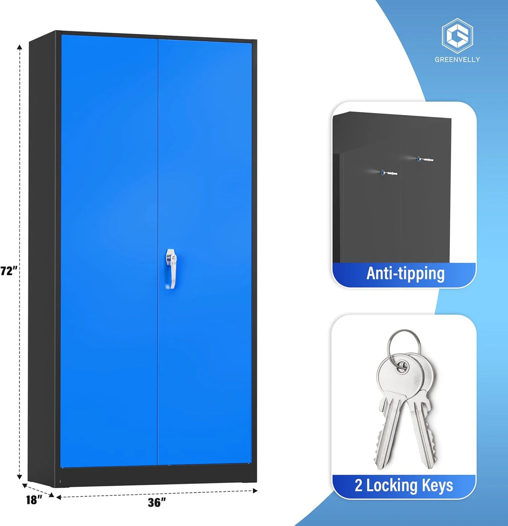 Greenvelly Metal Storage Cabinet, 72" Black Locking Metal Cabinet with 2 Doors and 4 Adjustable Shelves, Lockable Garage Storage Cabinets for Home Office, Garage, Kitchen, Living Room