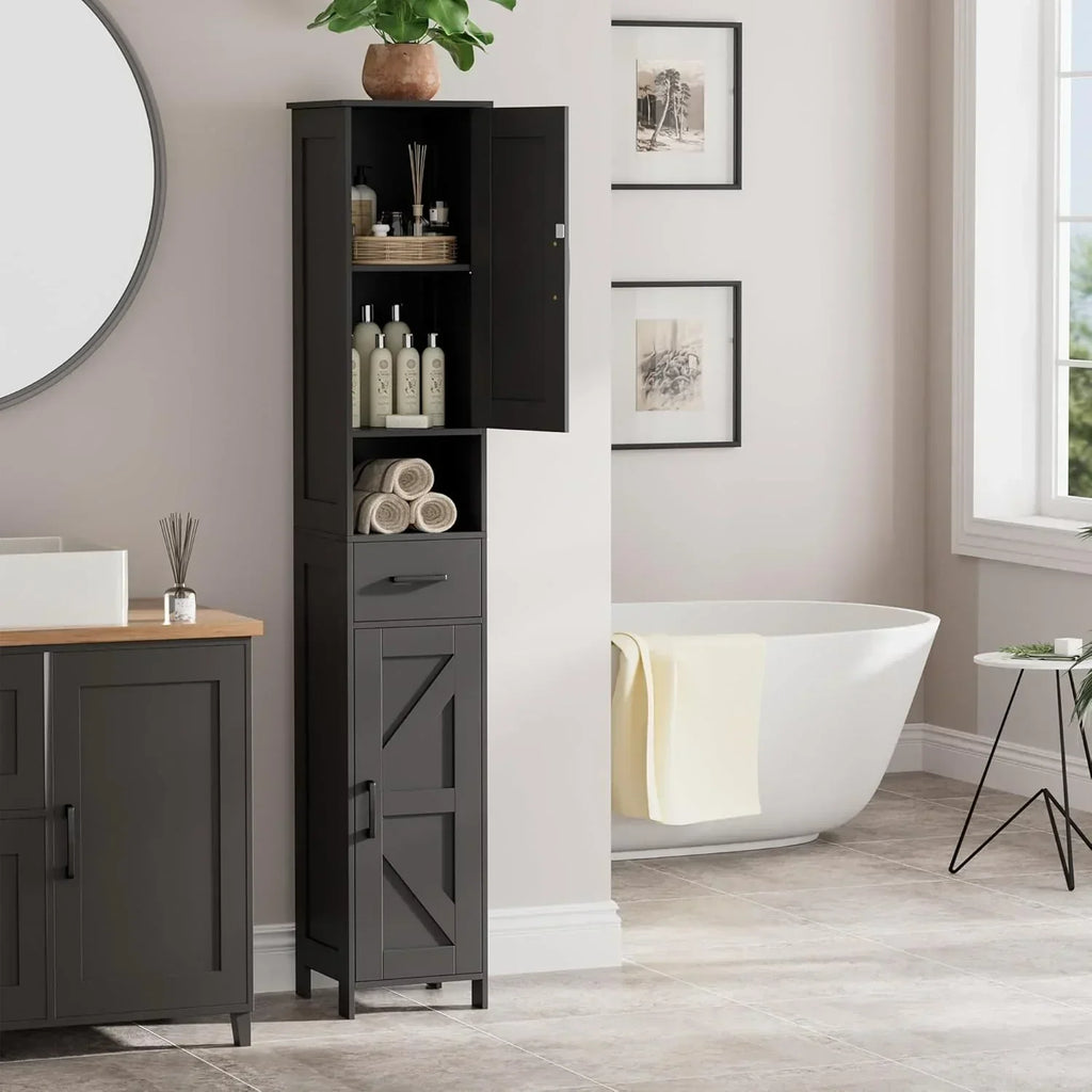 Homhedy 67" H Tall Bathroom Storage Cabinet with 2 Barn Doors and 1 Drawer Narrow Storage Unit