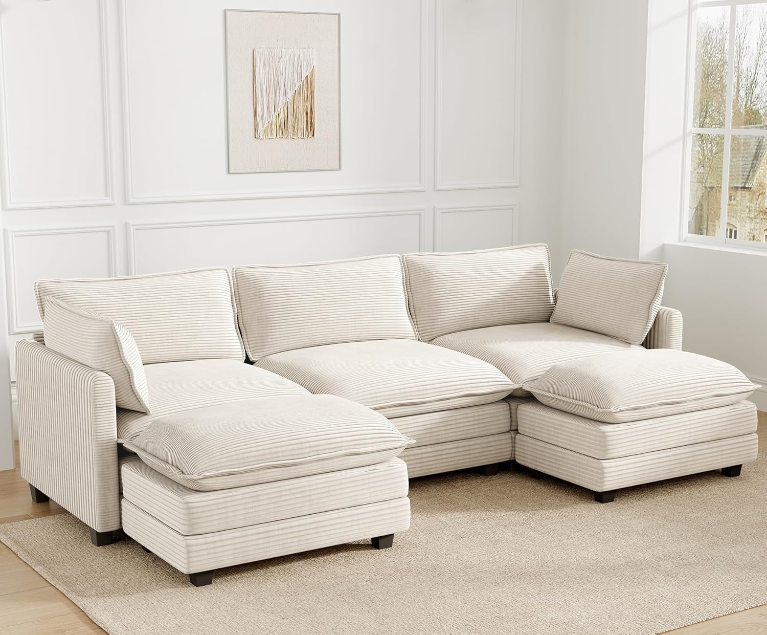 ROWHY Oversized Modular Sectional Sofa with Movable Ottoman, 112 Inch 4 Seat Modern Corduroy Sofa Set, Convertible L Shaped Couch for Living Room and Office, Beige