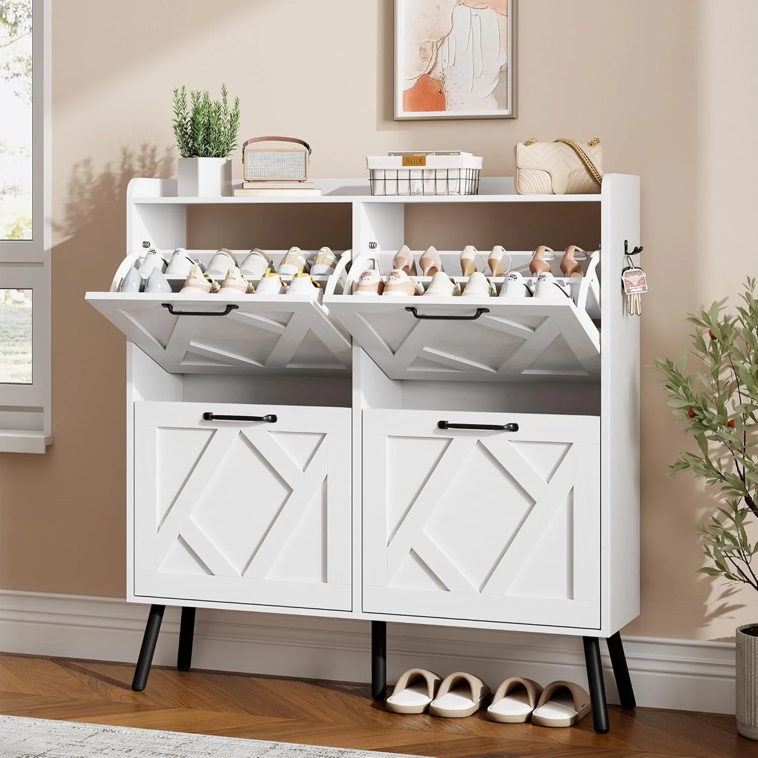 Nicetree Shoe Cabinet with 2 Flip Drawers Freestanding Shoe Storage Cabinet Narrow Shoe Cabinet