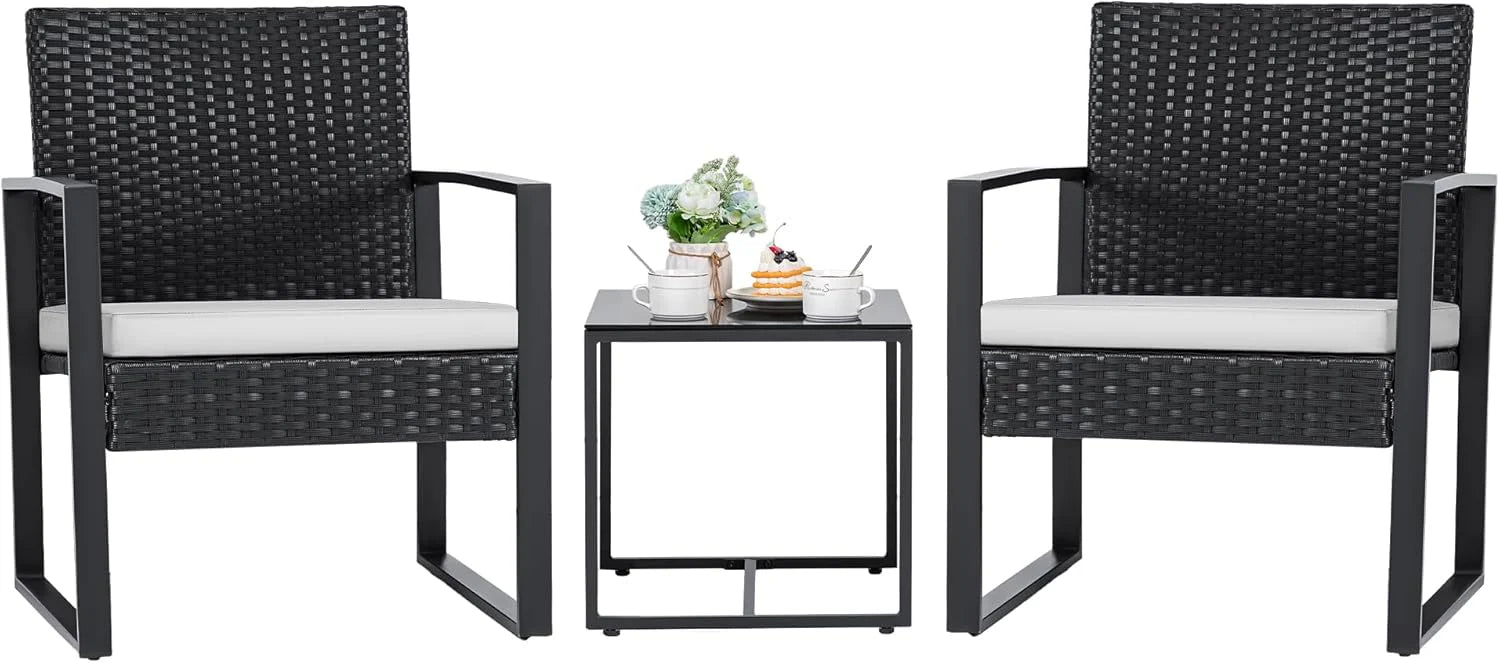 Flamaker 3 Pieces Outdoor Patio Wicker Furniture Set, Modern Rattan Chair Conversation Sets with Coffee Table for Yard and Bistro (Black)
