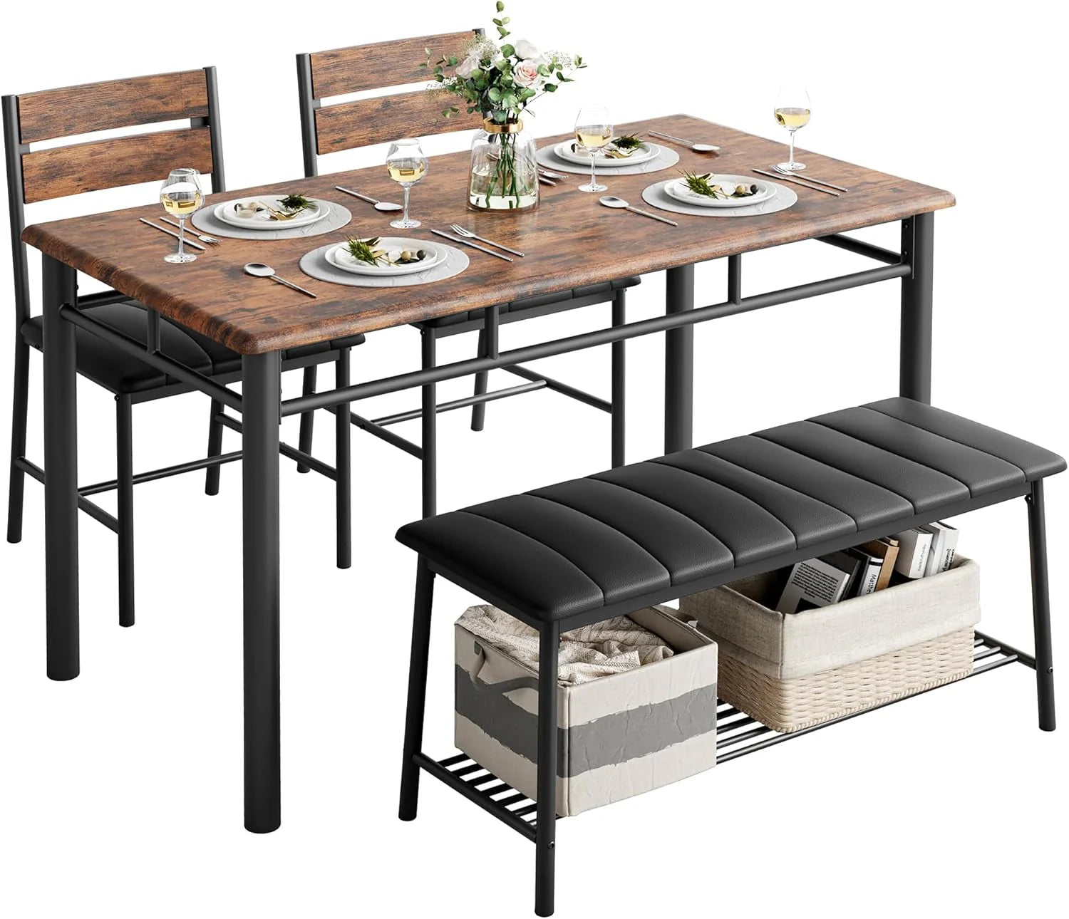 IRONCK Dining Table Set for 4 Kitchen Table with Upholstered Bench Kitchen Table and Chairs Set