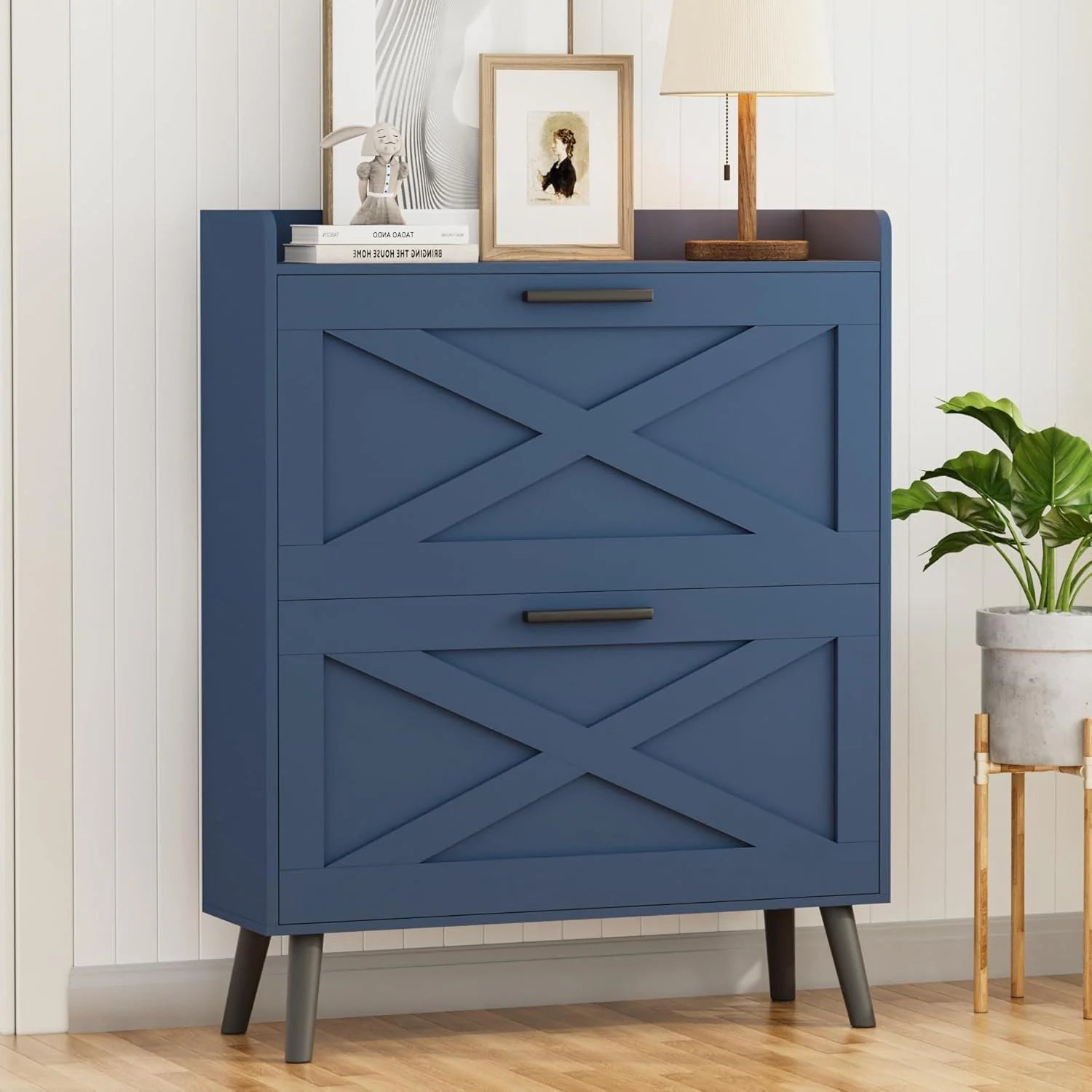 32" W Farmhouse Shoe Storage Cabinet Modern Hidden Slim Narrow Shoe Rack Cabinet
