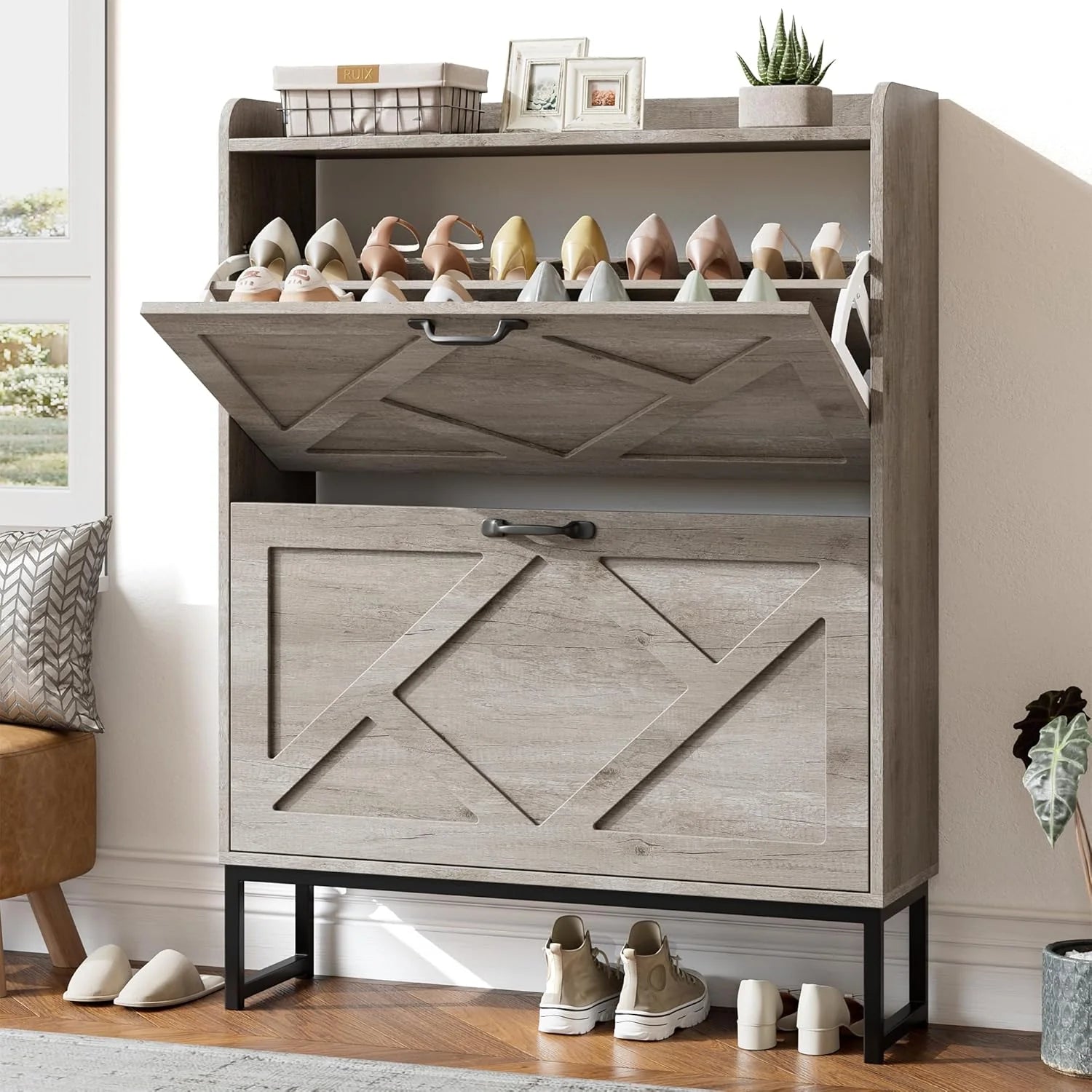 Nicetree Shoe Cabinet with 2 Flip Drawers Freestanding Shoe Storage Cabinet Narrow Shoe Cabinet
