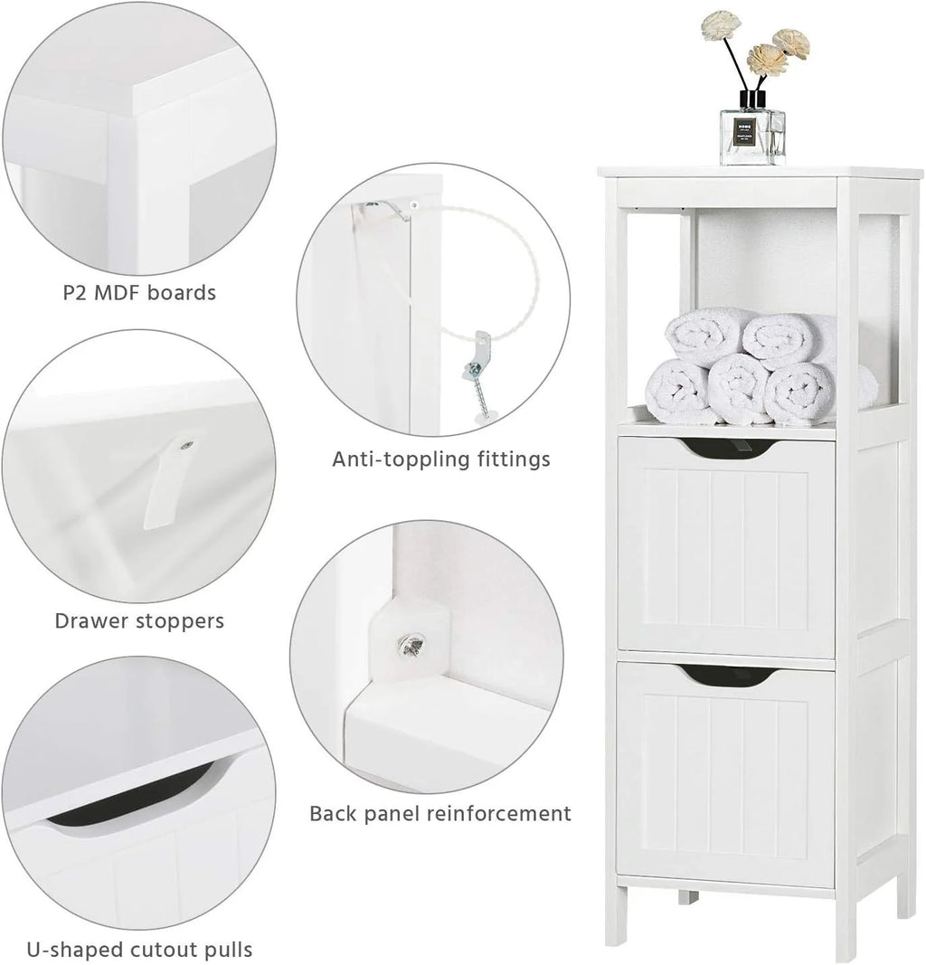 Bathroom Floor Cabinet, Wooden Storage Cabinet with 2 Drawers, Multifunctional Side Organizer Rack Stand Table