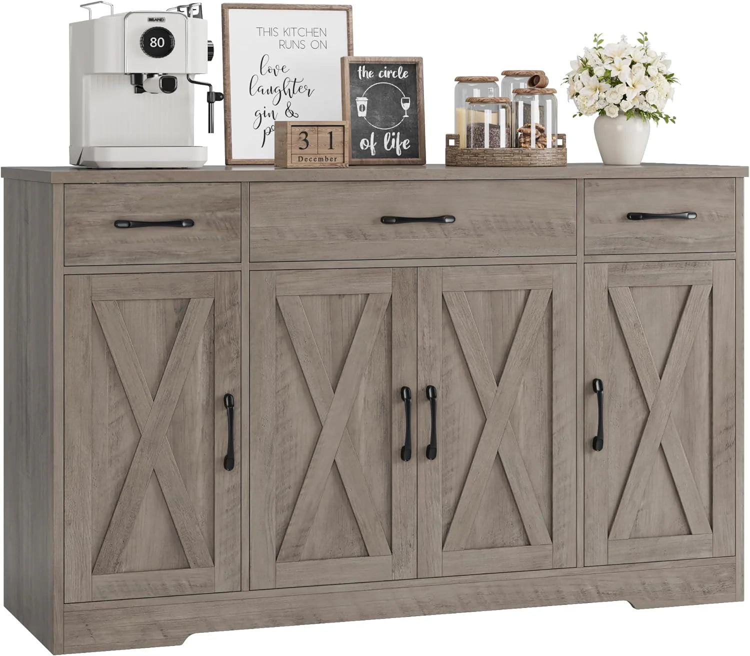 HOSTACK Buffet Cabinet with Drawers, 55" Large Sideboard Buffet Storage Cabinet with Shelves and Doors, Modern Farmhouse Coffee Bar Station Wood Kitchen Table for Kitchen, Dining Room, White/Rustic