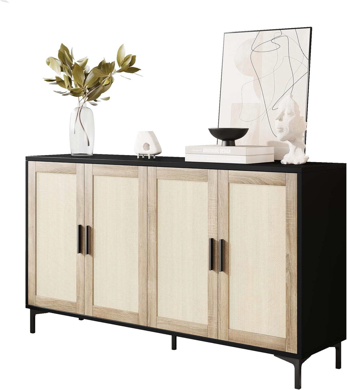 JASIWAY Buffet Cabinet with Storage 48" Rattan Sideboard Adjustable Shelves Modern Coffee Bar
