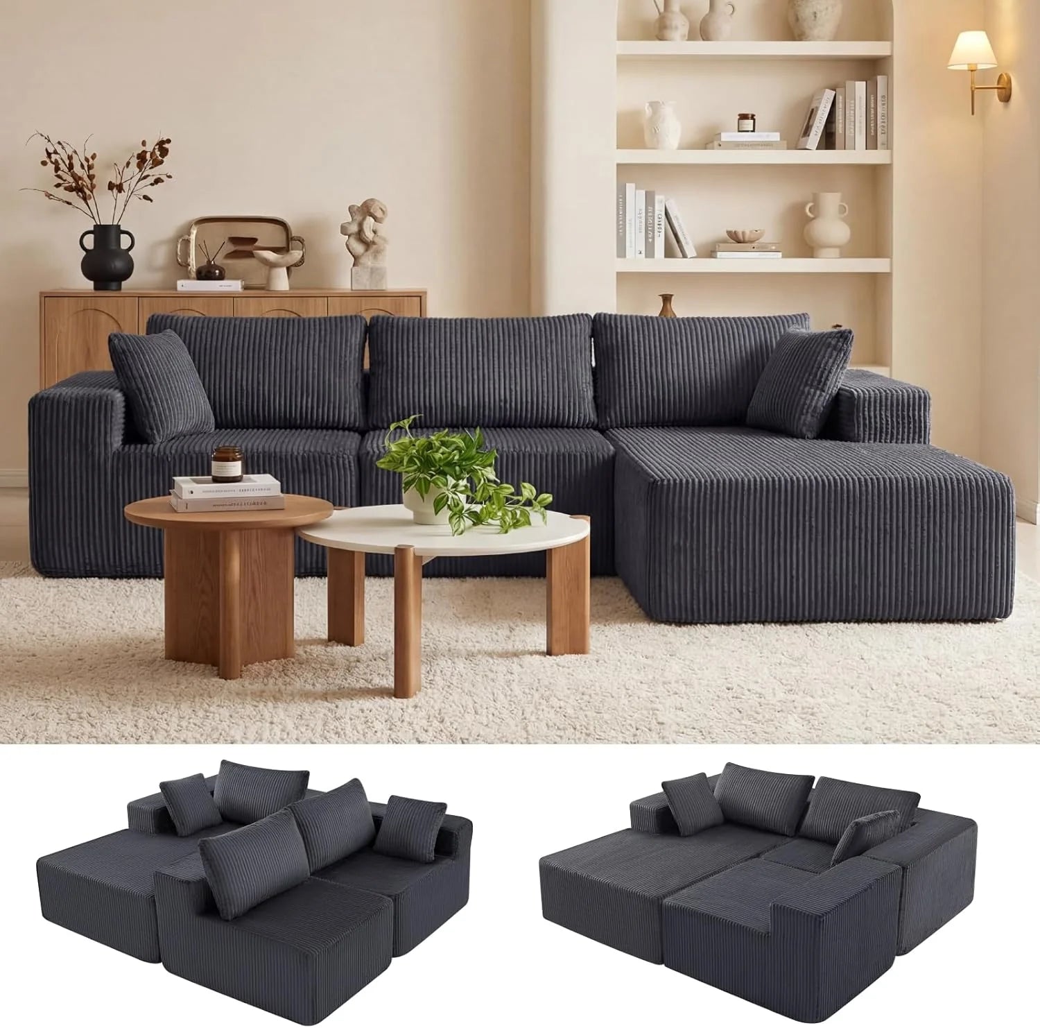 DUMOS 108" Boneless Couch, Cloud Sectional Couch with L-Shape Chaise, Modular Sectional Sofa with Deep Seat, Upholstered Couch for Living Room Bedroom, No Assembly Required (Beige, Left Facing Chaise)