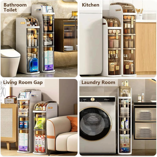 4-Tiers Narrow Bathroom Storage Cabinet 7.1 Slim Bathroom Floor Organizer with Drawers and Tissue Box Plastic Waterproof Mobile Locker