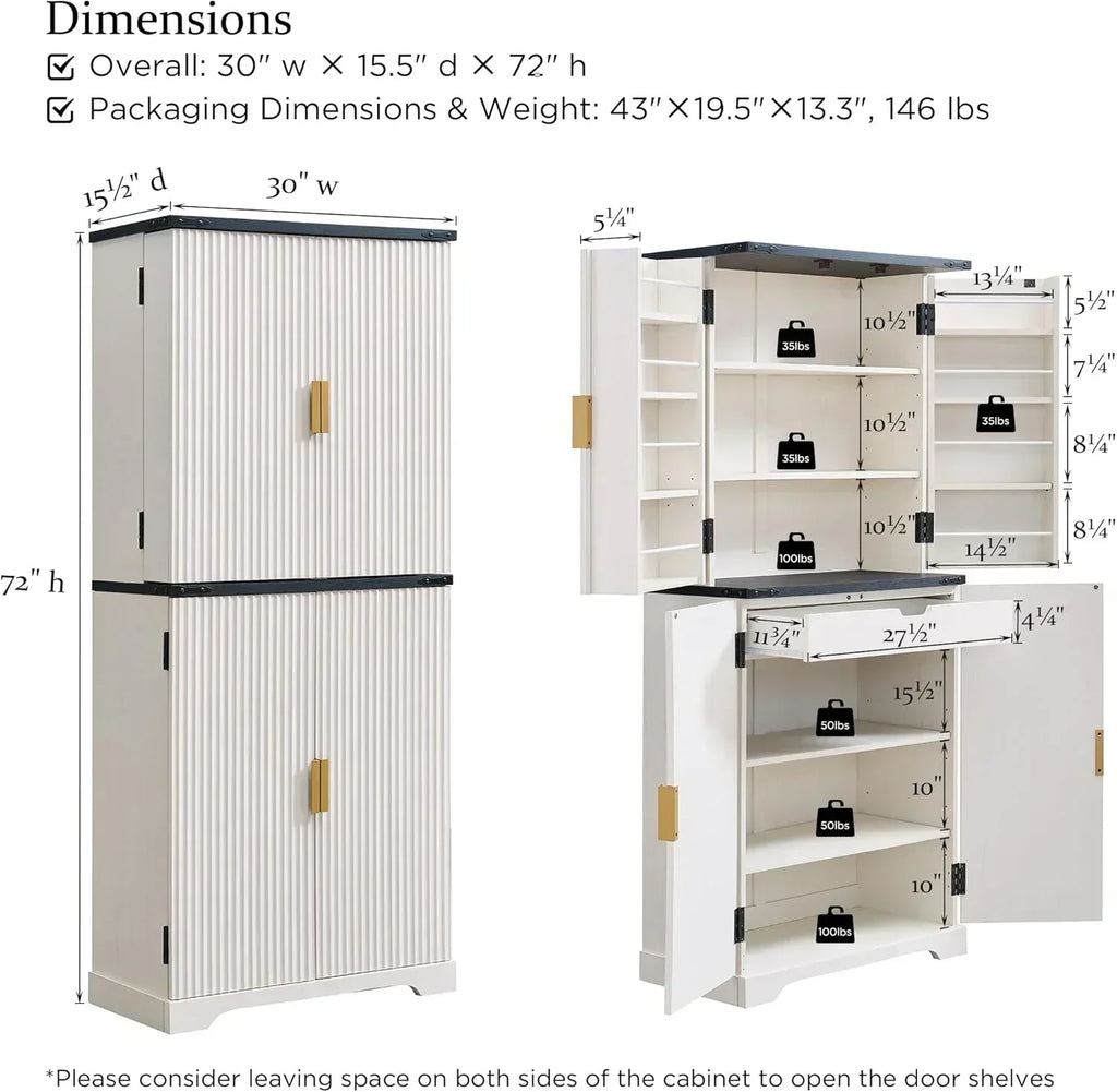 Fluted Pantry Cabinet 72" Tall Modern Storage Cabinet with 4 Doors Organizer Drawer