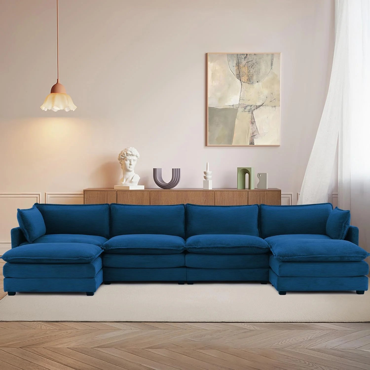 ROWHY Oversized Modular Sectional Sofa with Movable Ottoman, 112 Inch 4 Seat Modern Corduroy Sofa Set, Convertible L Shaped Couch for Living Room and Office, Beige