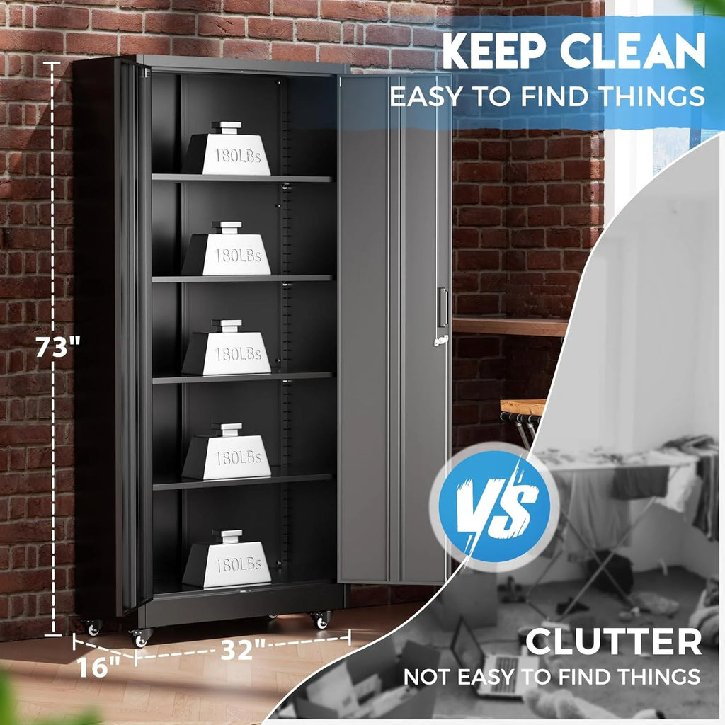 Greenvelly Metal Storage Cabinet, 72" Black Locking Metal Cabinet with 2 Doors and 4 Adjustable Shelves, Lockable Garage Storage Cabinets for Home Office, Garage, Kitchen, Living Room
