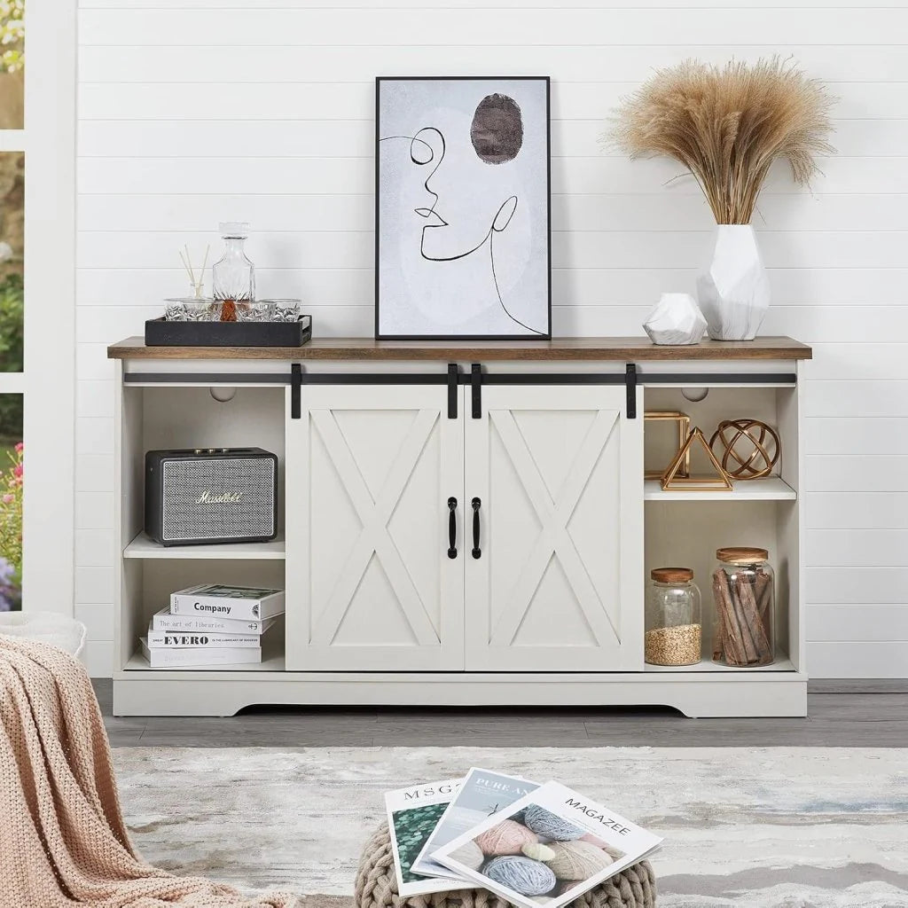 AMERLIFE Fireplace TV Stand with Sliding Barn Door for TVs up to 73", Farmhouse 63" Fireplace Entertainment Center with Storage Cabinets/Adjustable Shelves