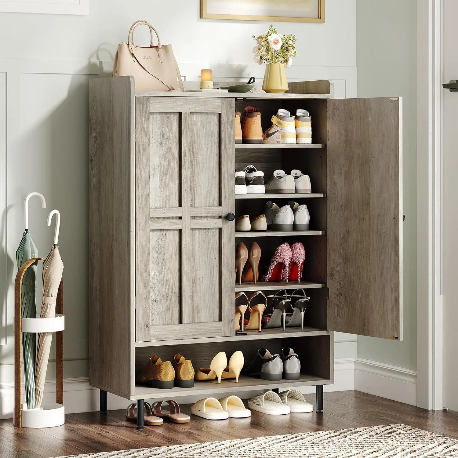 ONBRILL Shoe Storage Cabinet with Cross Molding Doors, 6-Tier Farmhouse Shoe Cabinet