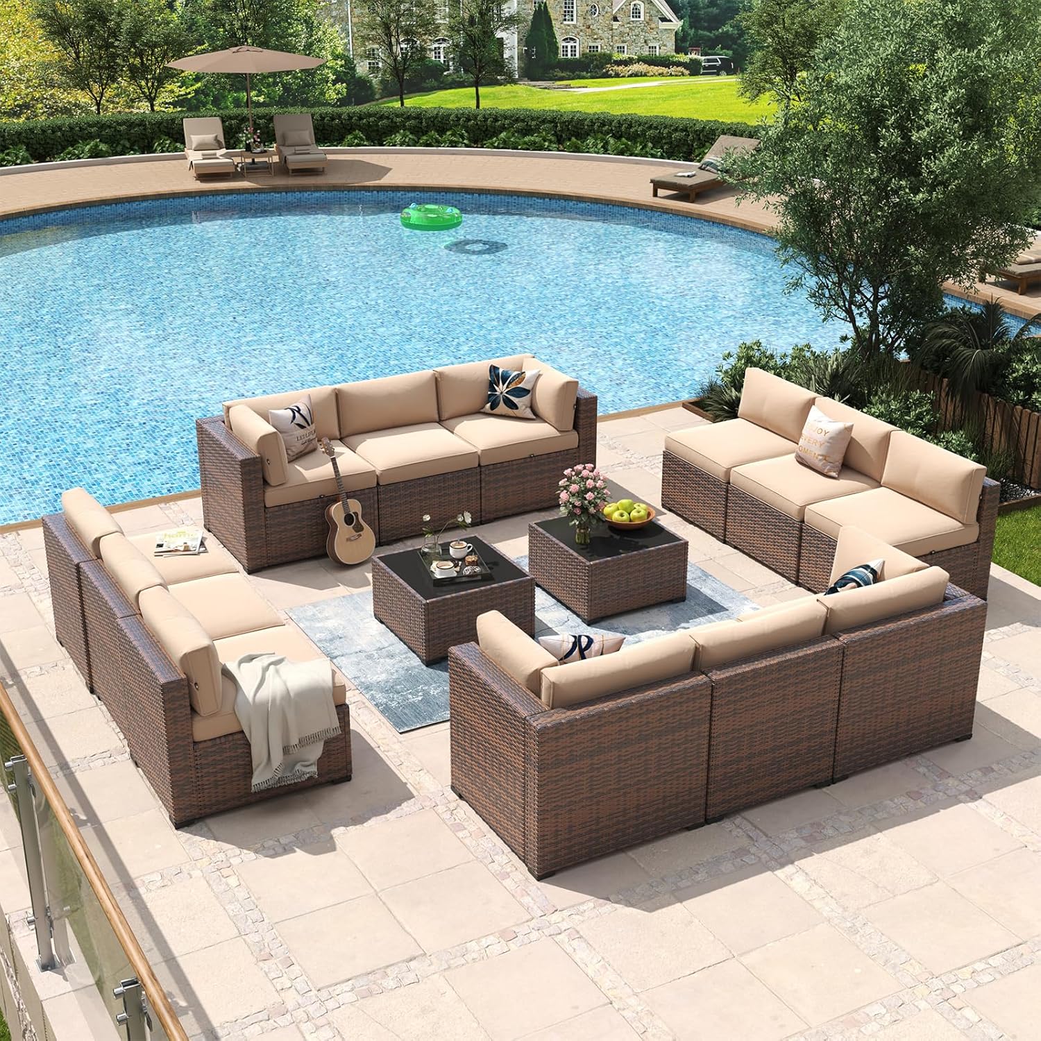 Aoxun 8 Piece Patio Furniture Set with 44?Fire Pit Table Wicker Rattan Outdoor Sectional Sofa Set with Coffee Table and Thickened Cushions, Beige (Waterproof Cover Included)