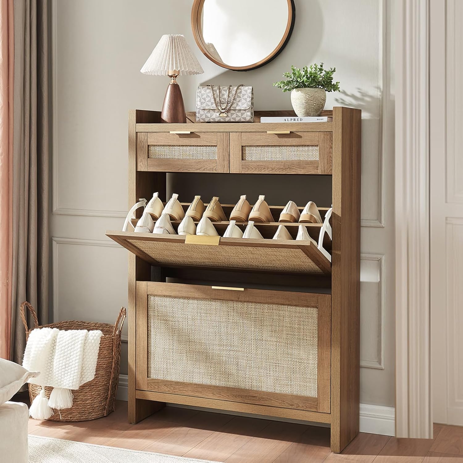 Large Rattan Shoe Storage Cabinet with 4 Flip Drawers & 2 Storages–Hidden Slim Shoe Organizer