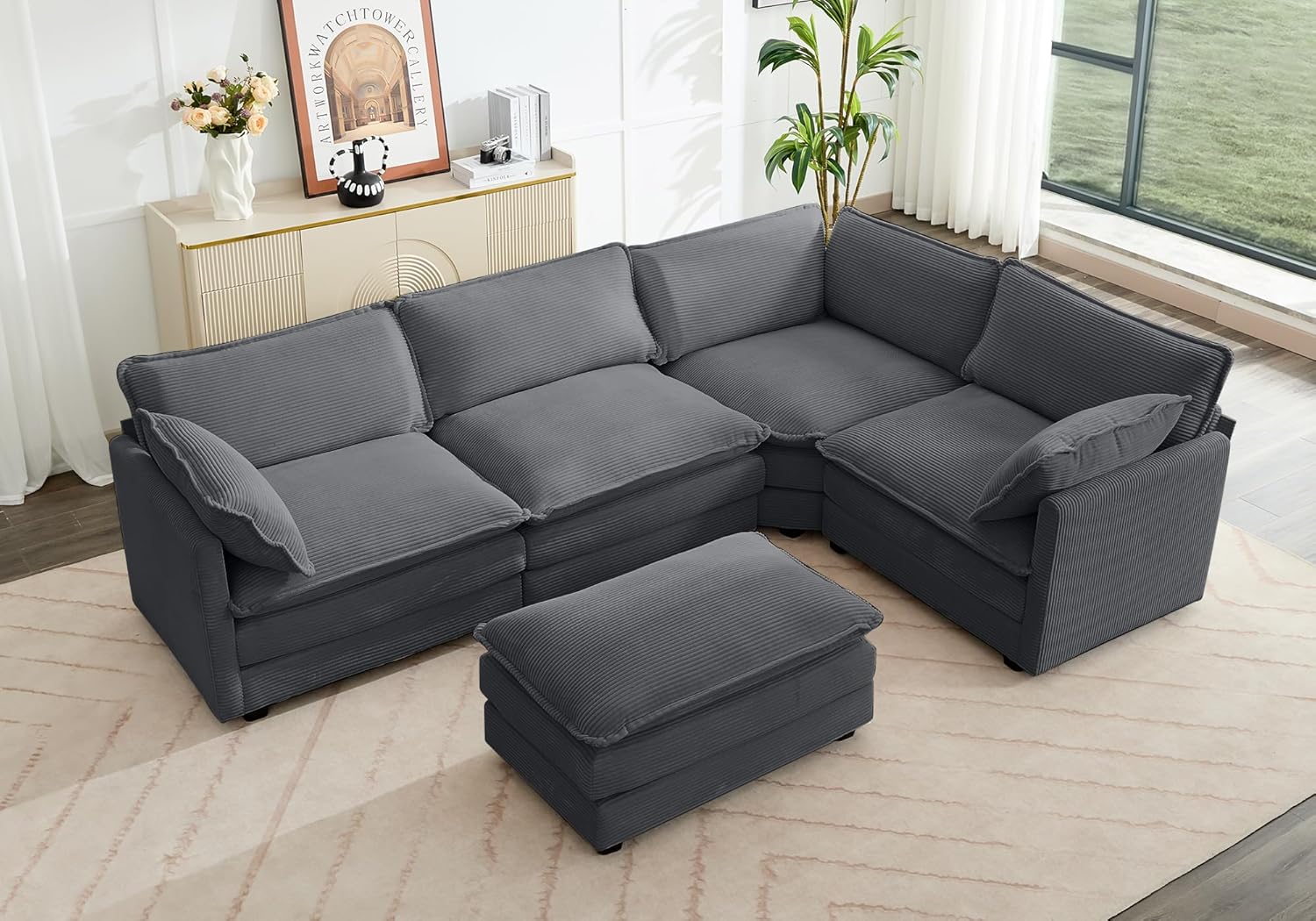 ROWHY Oversized Modular Sectional Sofa with Movable Ottoman, 112 Inch 4 Seat Modern Corduroy Sofa Set, Convertible L Shaped Couch for Living Room and Office, Beige