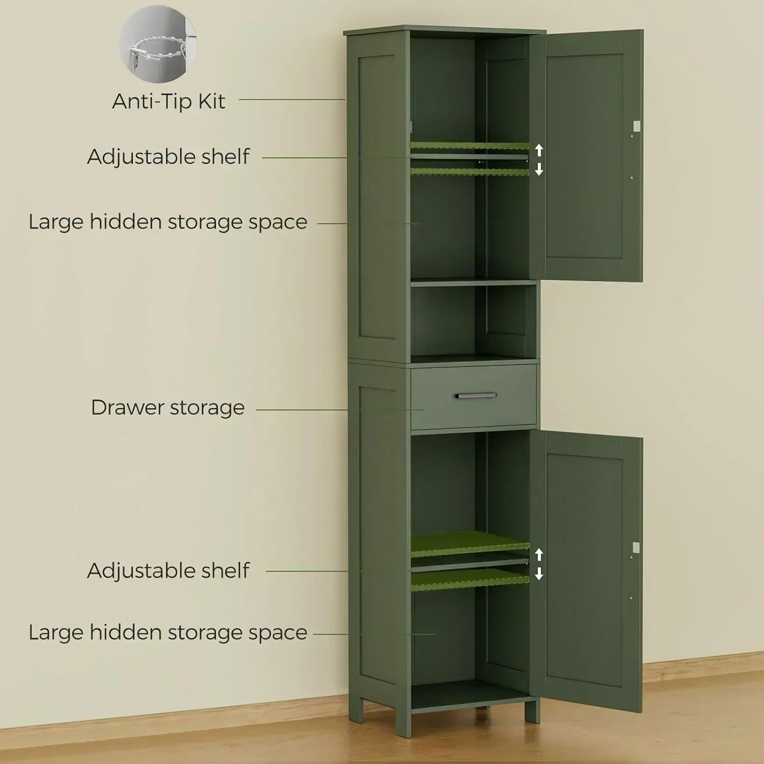 Homhedy 67" H Tall Bathroom Storage Cabinet with 2 Barn Doors and 1 Drawer Narrow Storage Unit